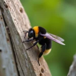 Abeille charpentière noire posée sur un bois usé avec traces de perçage visibles