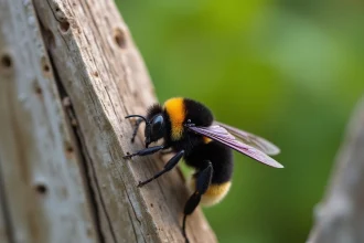 Abeille charpentière noire posée sur un bois usé avec traces de perçage visibles