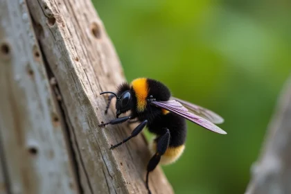 Abeille charpentière noire posée sur un bois usé avec traces de perçage visibles