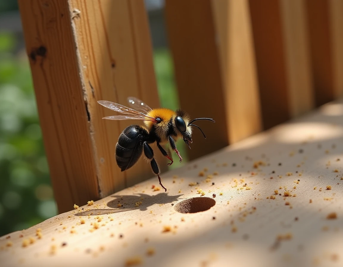 Abeille charpentière en vol près d'un trou rond percé dans une poutre en bois de terrasse