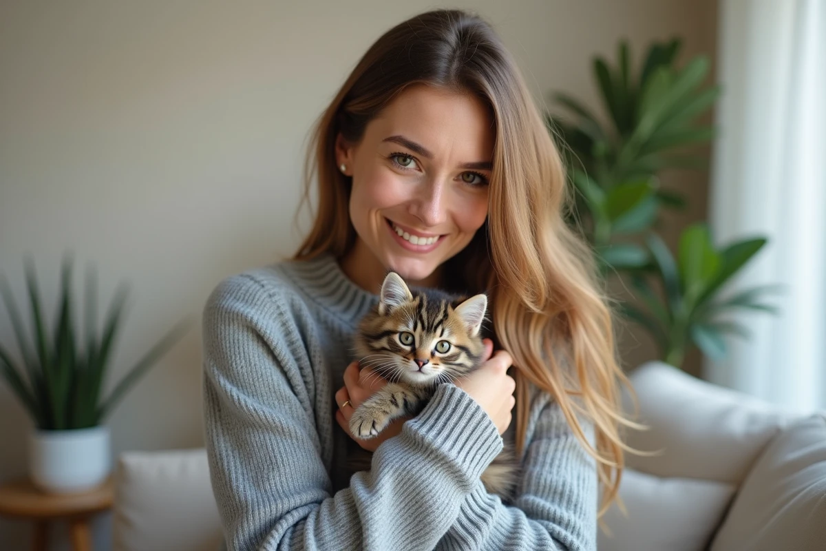 Femme tenant un chaton de 3 mois dans ses bras dans un salon de banlieue parisienne lors d'une adoption