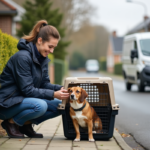 Femme aidant un chien dans une maison de refuge