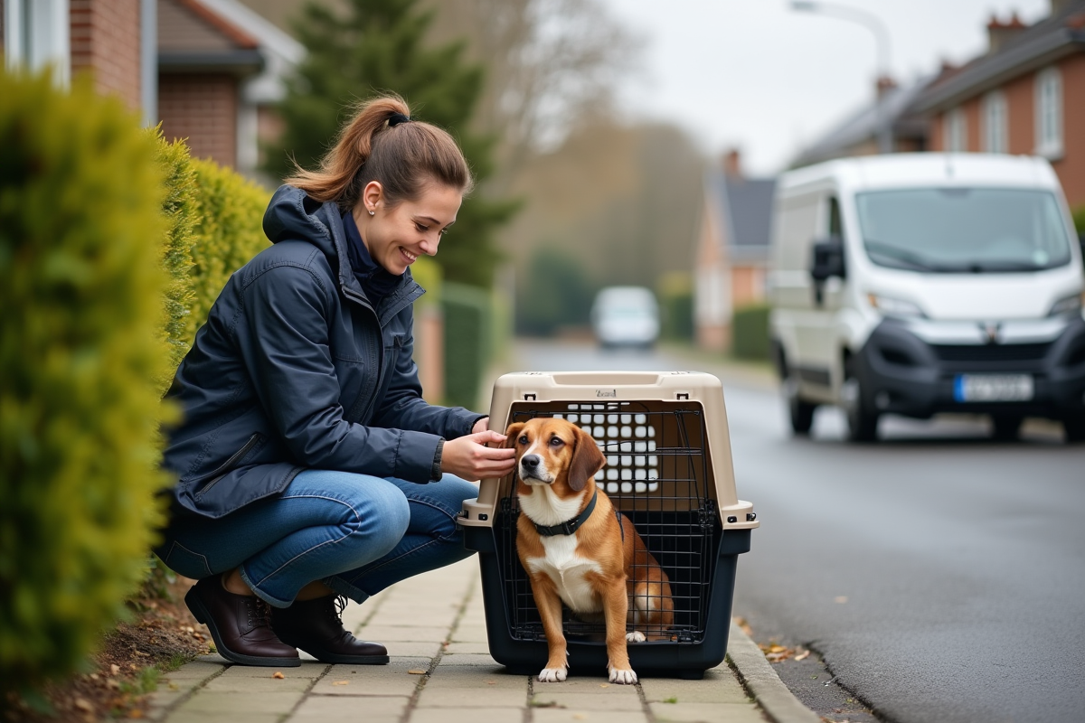 Femme aidant un chien dans une maison de refuge