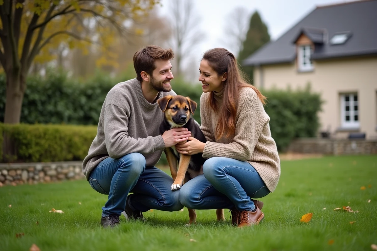Couple adoptant un chiot gratuitement dans un jardin de maison girondine, près de Bordeaux, scène d'adoption familiale réaliste