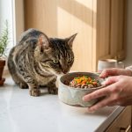 Chat tigré en bonne santé inspectant un bol de nourriture fraîche dans une cuisine moderne, illustrant l'importance de l'alimentation pour la santé féline