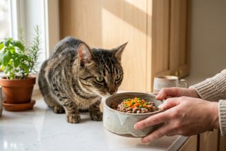 Chat tigré en bonne santé inspectant un bol de nourriture fraîche dans une cuisine moderne, illustrant l'importance de l'alimentation pour la santé féline