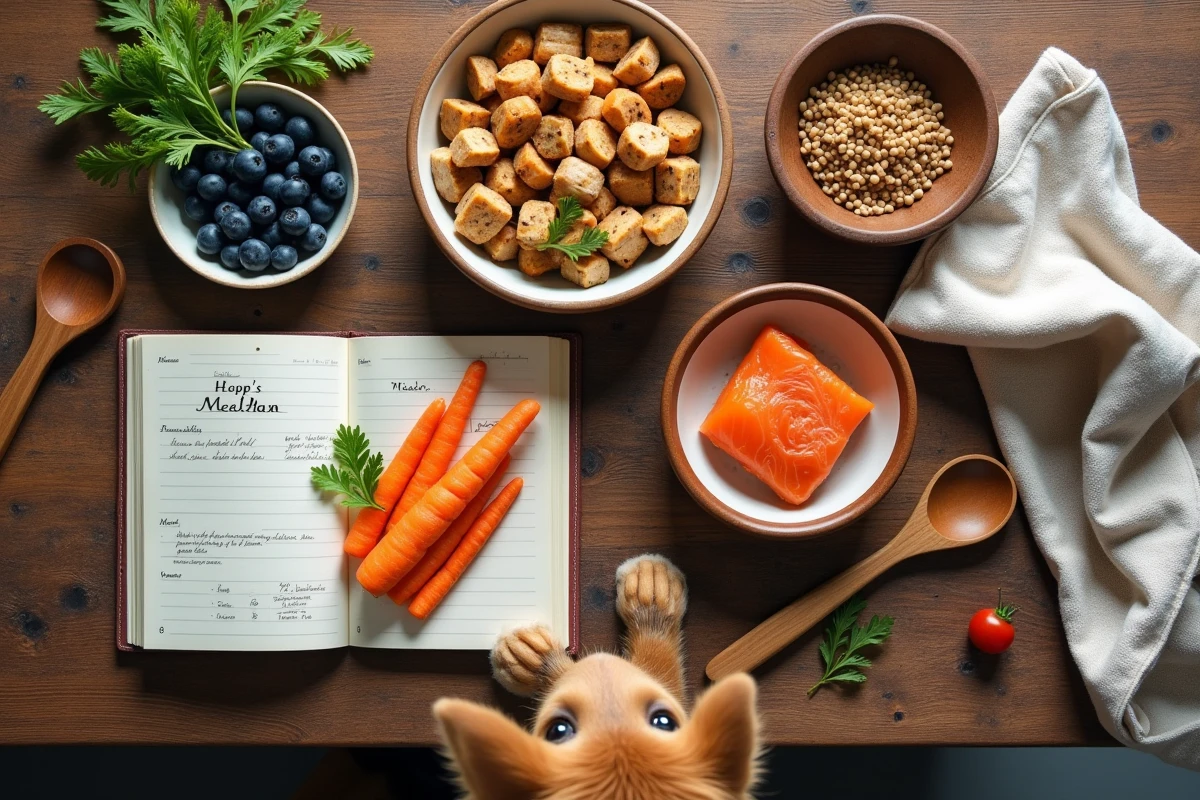 Vue aérienne d'aliments naturels et équilibrés recommandés dans le régime alimentaire du chien