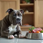American Bully Exotic musclé assis devant un bol de nourriture équilibrée dans une cuisine moderne