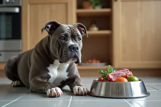 American Bully Exotic musclé assis devant un bol de nourriture équilibrée dans une cuisine moderne