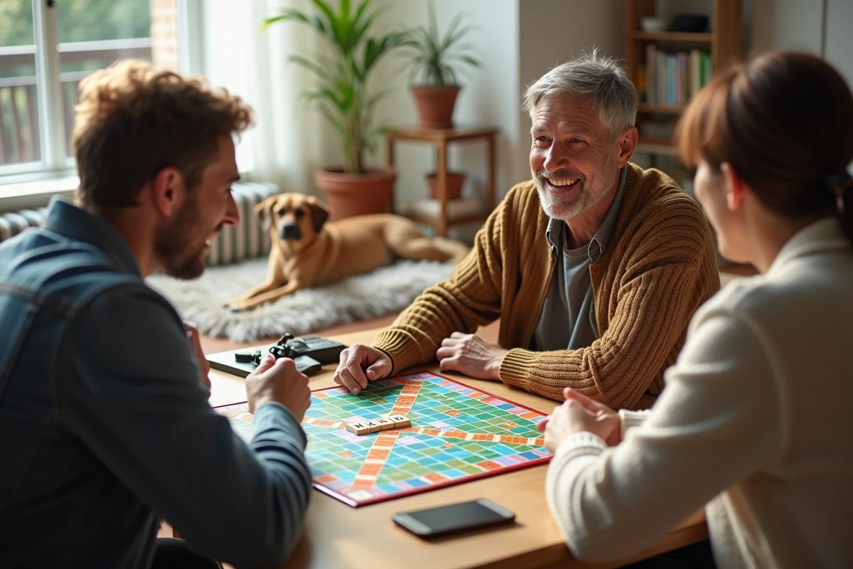 Trois amis jouent au Scrabble dans un salon ensoleille