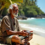 Homme polynesien âgé tenant une tortue en bois sur la plage