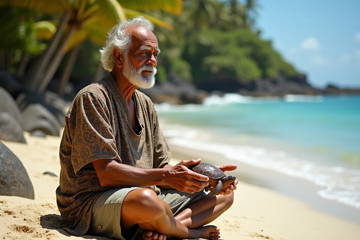 Homme polynesien âgé tenant une tortue en bois sur la plage