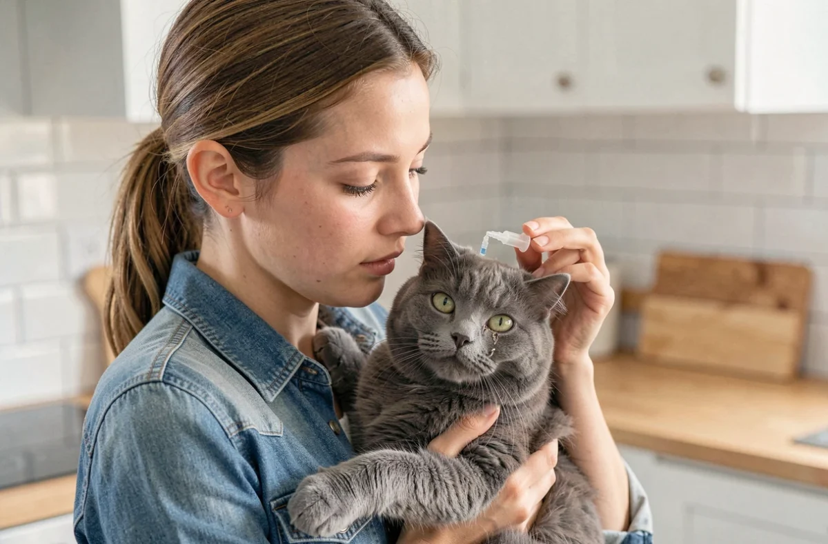 Jeune femme appliquant des gouttes médicamenteuses dans l'œil de son chat persan gris dans une cuisine moderne