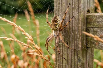 Araignée de jardin (Araneus diadematus) sur un piquet de clôture en bois avec sa toile couverte de rosée en milieu naturel