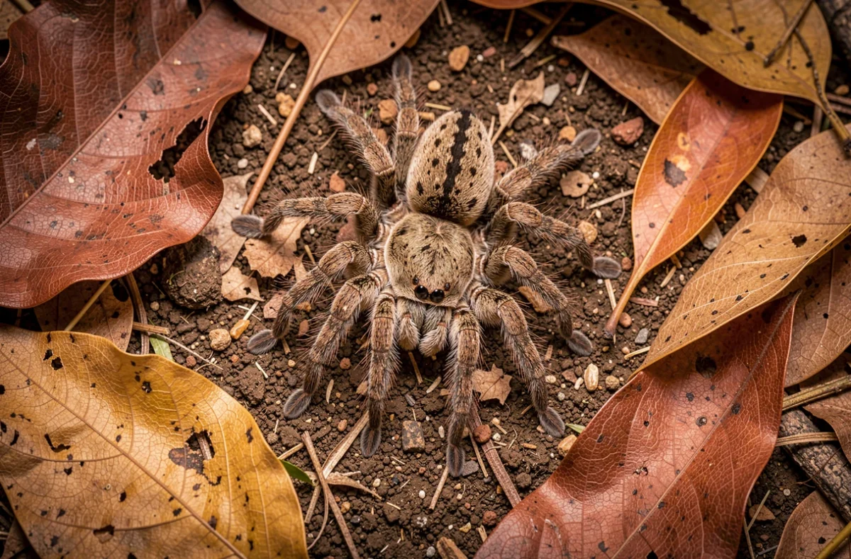 Araignée lycose (araignée-loup) sur un sol forestier recouvert de feuilles mortes après avoir été relâchée en extérieur