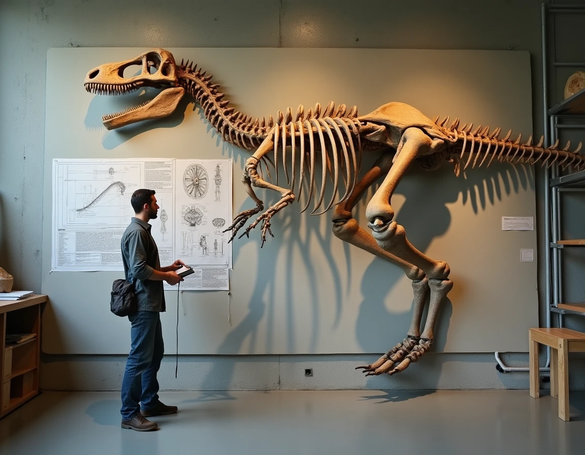 Paléontologue examinant une reconstruction squelettique de l'Argentinosaurus avec un mètre ruban, remettant en question son statut de plus grand dinosaure absolu