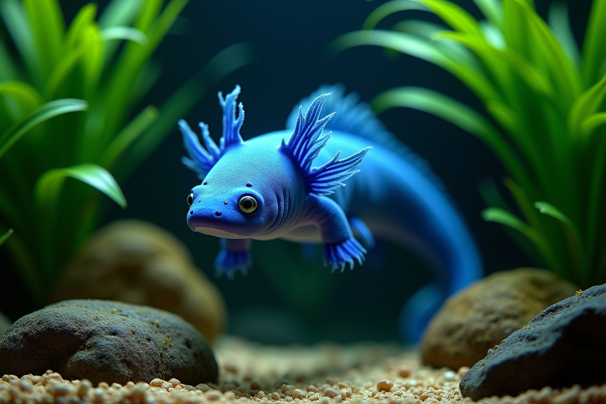 Axolotl bleu nageant dans un aquarium planté lumineux