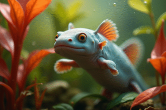 Axolotl nageant parmi des plantes aquatiques vives