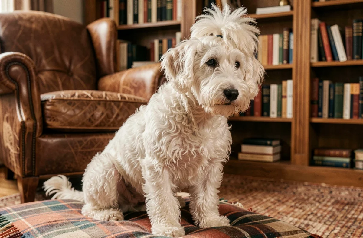 Bedlington Terrier à la fourrure bouclée blanche ressemblant à un agneau, assis sur un plaid dans un salon cosy