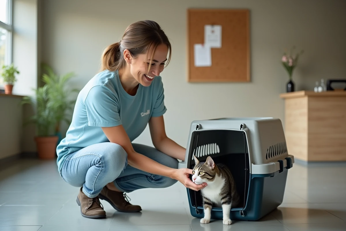 Bénévole d'un refuge animalier accueillant un chat dans un transporteur lors d'une remise à une association de protection animale