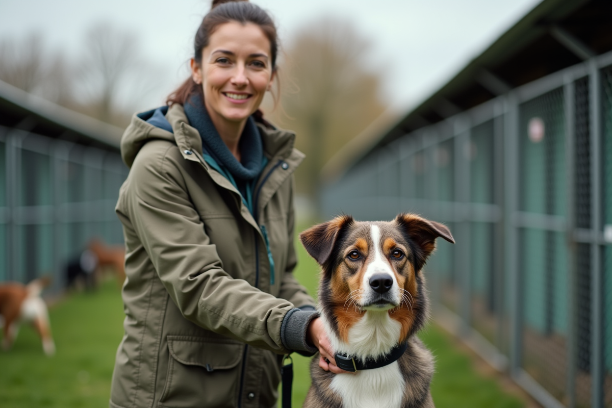 Assistante de refuge avec un chien en extérieur