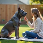 Chien Cane Corso bleu musclé et attentif avec une femme dans un jardin