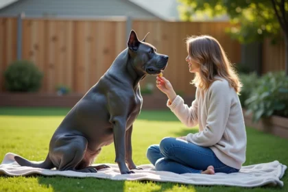 Chien Cane Corso bleu musclé et attentif avec une femme dans un jardin