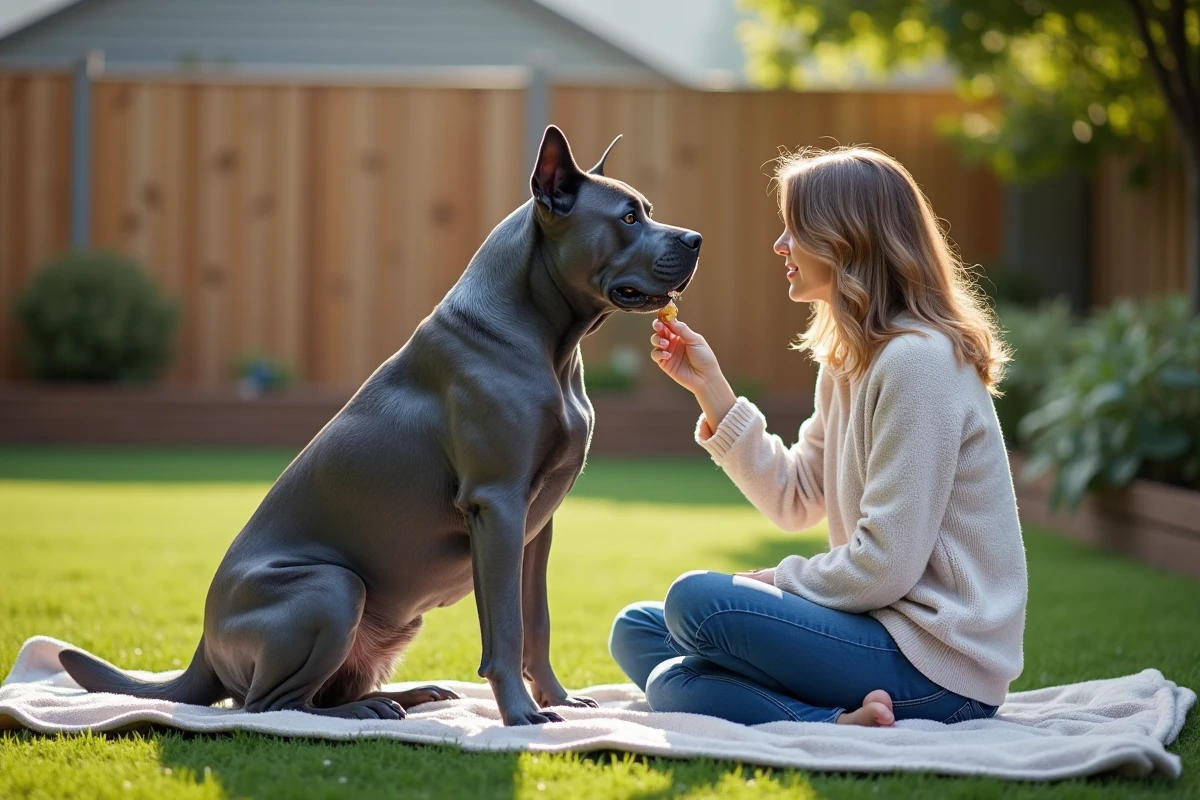 Chien Cane Corso bleu musclé et attentif avec une femme dans un jardin