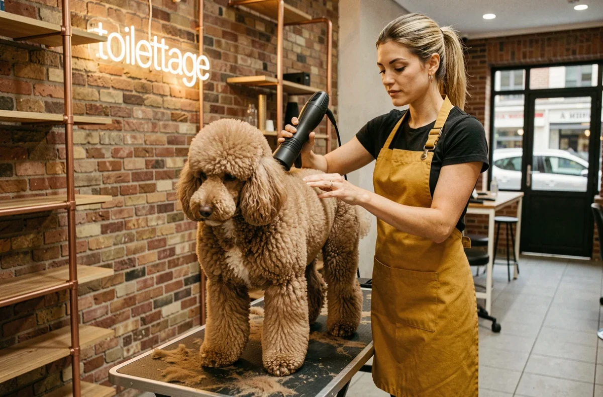 Toiletteuse du salon Bigoudi à Lyon coiffant et séchant un caniche standard dans un salon au décor urbain tendance