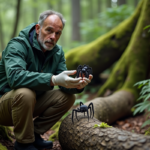 Biologiste observant un modèle de knifespider en forêt