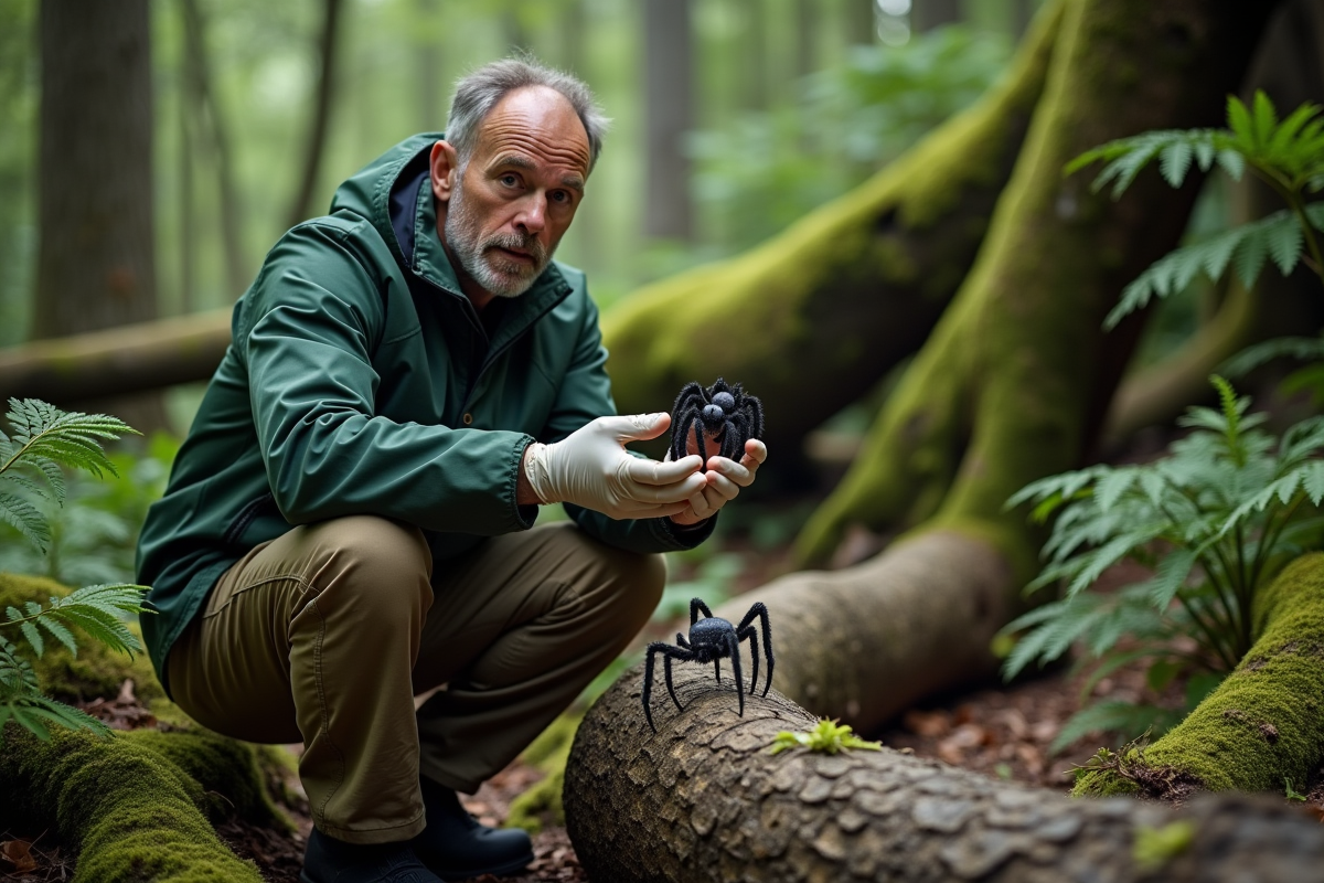Biologiste observant un modèle de knifespider en forêt