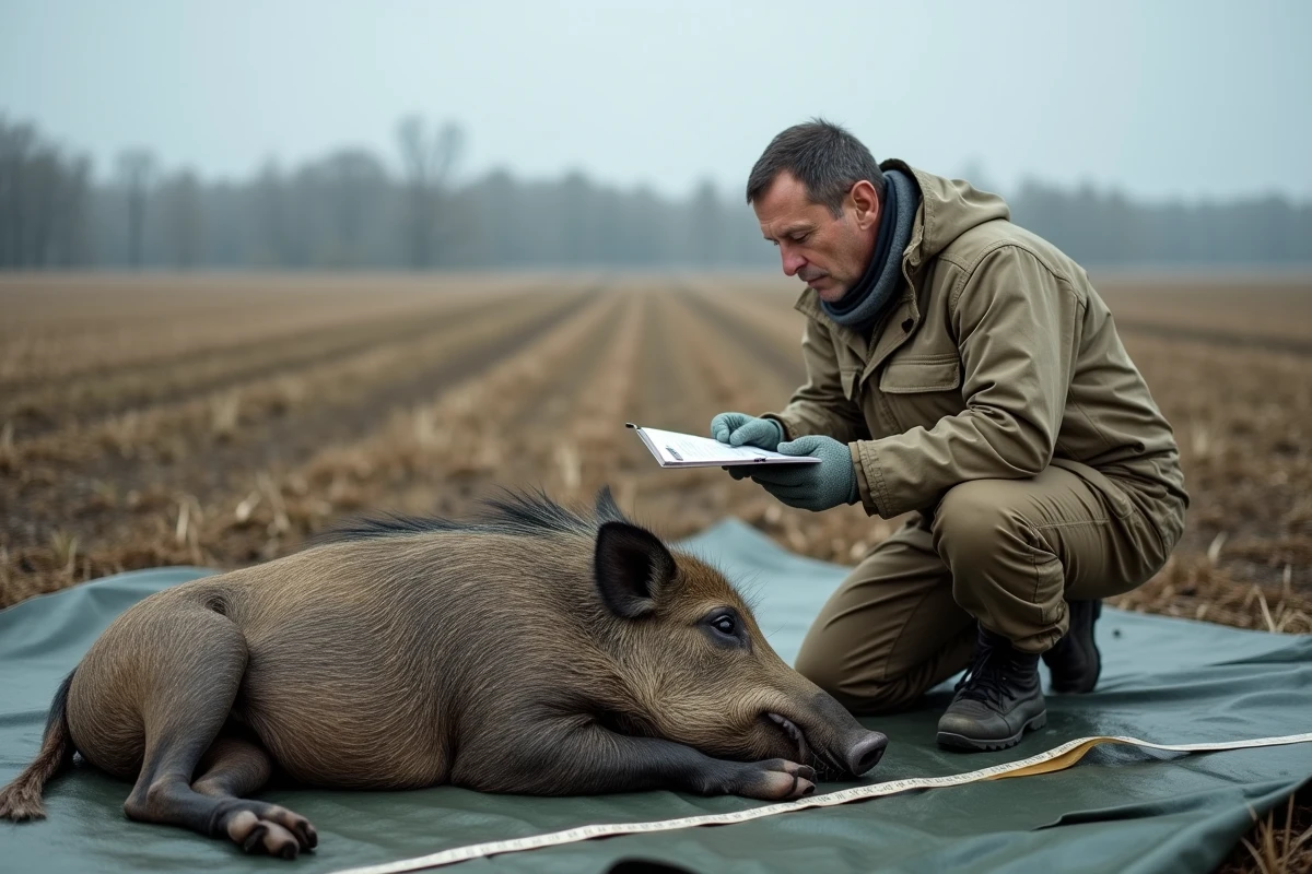 Biologiste mesurant un sanglier de grande taille sur le terrain, étude scientifique des données de taille record des sangliers en 2026