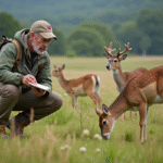 Biologiste observant des cerfs dans une prairie sauvage