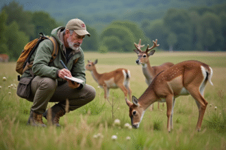 Biologiste observant des cerfs dans une prairie sauvage