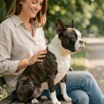 Boston Terrier adulte calme assis à côté de sa maîtresse sur un banc de parc, illustrant une relation équilibrée et sereine