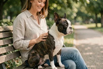 Boston Terrier adulte calme assis à côté de sa maîtresse sur un banc de parc, illustrant une relation équilibrée et sereine