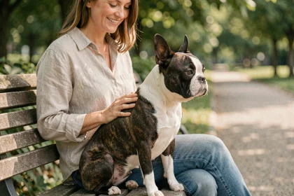 Boston Terrier adulte calme assis à côté de sa maîtresse sur un banc de parc, illustrant une relation équilibrée et sereine