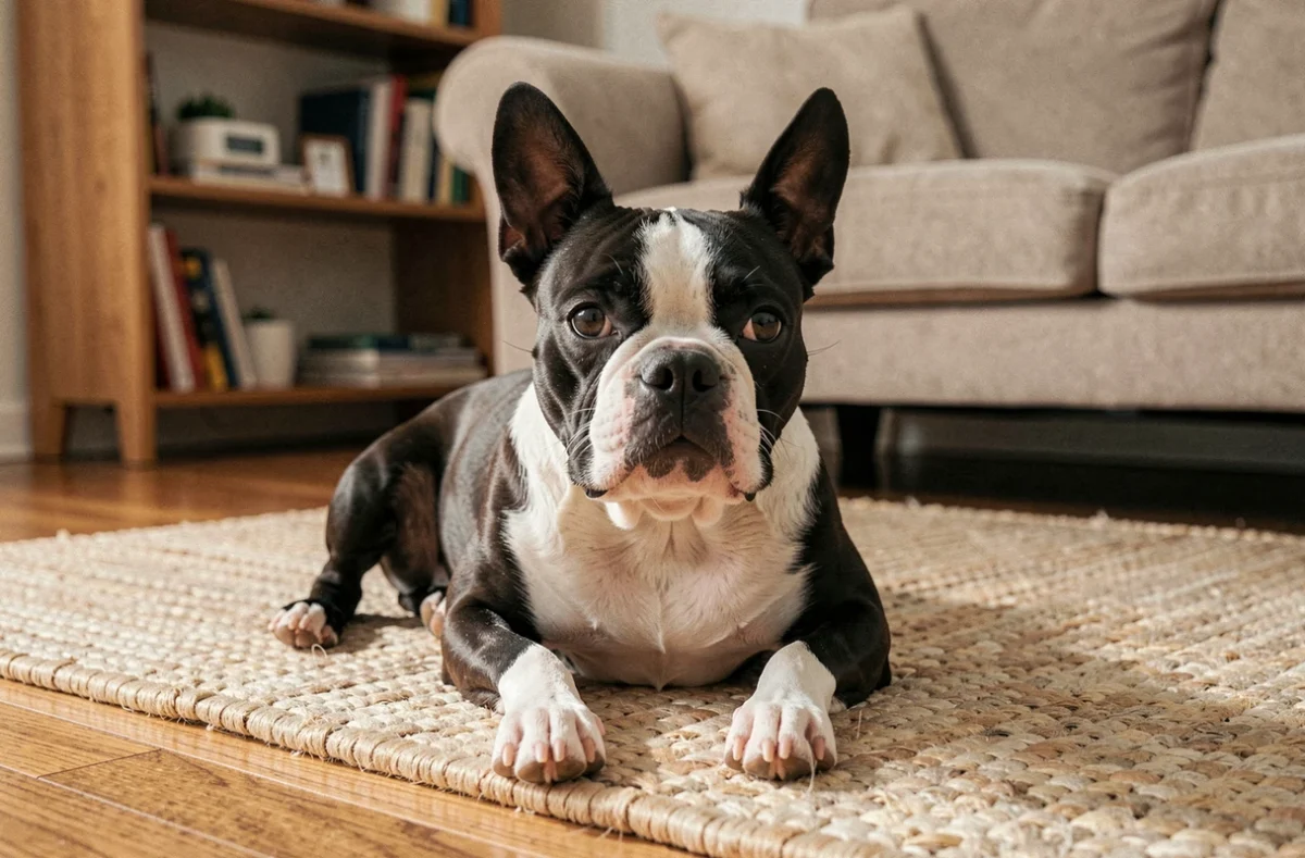 Boston Terrier adulte allongé calmement sur un tapis dans un salon chaleureux, montrant un comportement équilibré à la maison