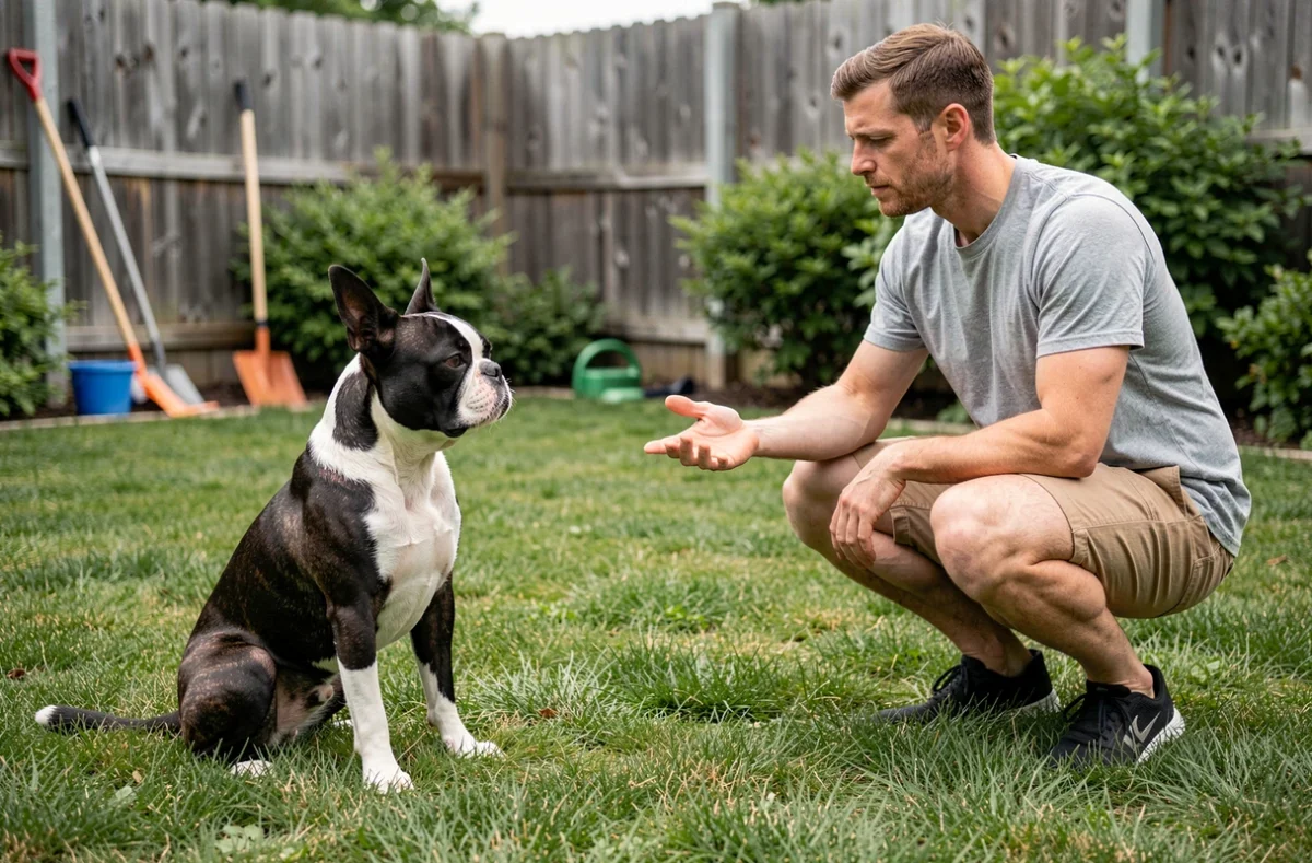 Boston Terrier adulte en position d'attente dans un jardin lors d'une séance d'éducation calme avec son maître