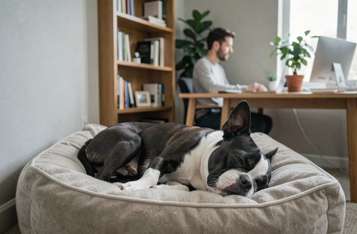 Boston Terrier adulte se reposant paisiblement dans son panier dans un bureau à domicile, illustrant une routine quotidienne apaisante