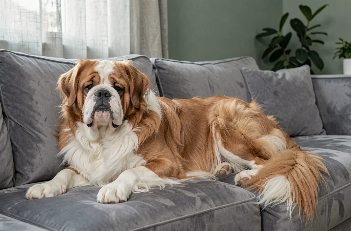 Bouledogue exotique à poil long allongé sur un canapé en velours gris dans un salon scandinave