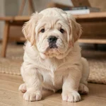 Bouledogue exotique à poil long crème assis sur un parquet en bois dans un appartement moderne