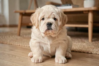 Bouledogue exotique à poil long crème assis sur un parquet en bois dans un appartement moderne