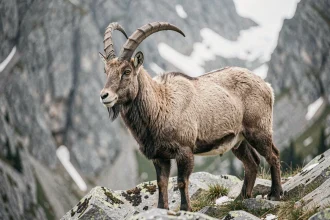 Bouquetin mâle aux grandes cornes recourbées sur un rocher dans un parc animalier de Savoie avec paysage alpin enneigé en arrière-plan