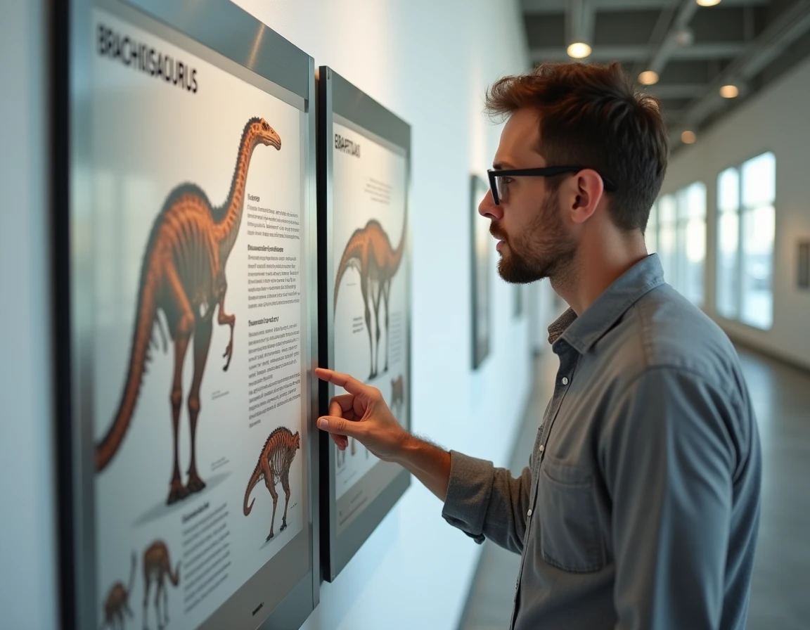 Chercheur comparant les fiches d'identification du Brachiosaure et du Giraffatitan dans un musée, soulignant la confusion fréquente entre ces deux dinosaures