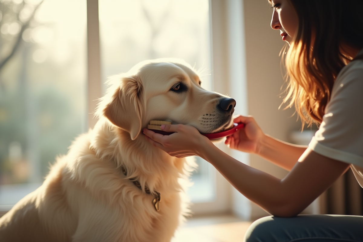 Personne brossant un golden retriever blanc à la fenêtre