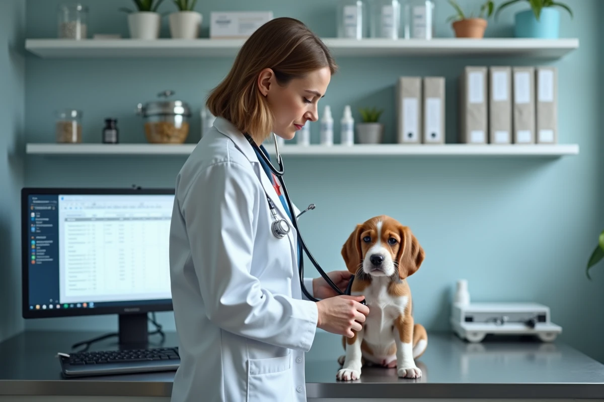 Vétérinaire examinant un chiot beagle lors d'une consultation médicale post-adoption, illustrant le budget réel après l'adoption d'un chiot en Gironde