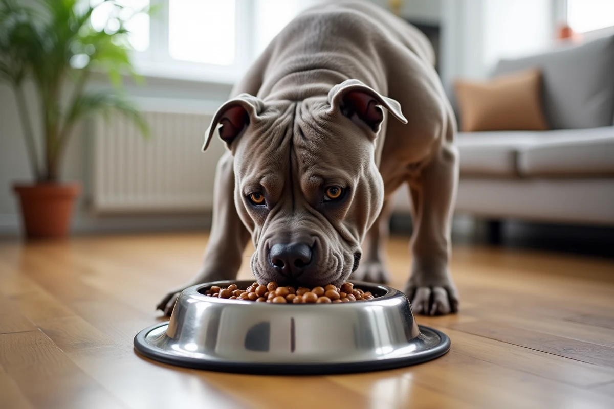 Chien American Bully Exotic en train de manger à une gamelle surélevée dans un salon familial