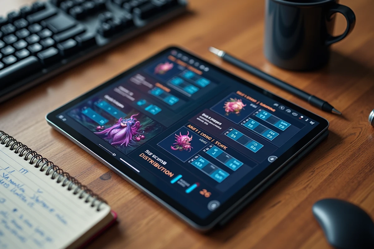 Vue aérienne d'un bureau avec tablette affichant la répartition des stats d'un jeu fantastique et notes de stratégie manuscrites