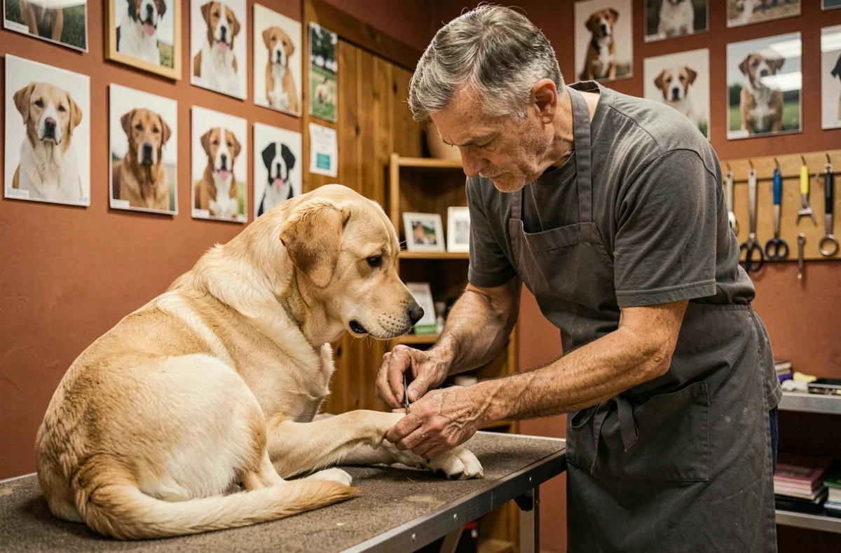 Toiletteur de Caluire Toilettage à Caluire-et-Cuire coupant les griffes d'un labrador retriever calme